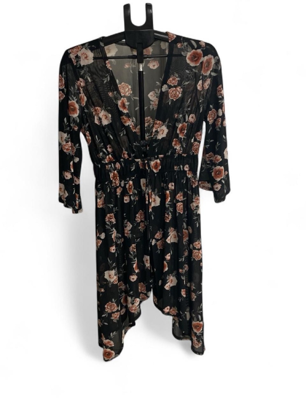 Black Floral Asymmetrical V-Neck SheerOver Dress